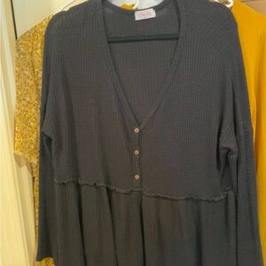 Black V-Neck Buttoned Lightweight Waffle Knit Top